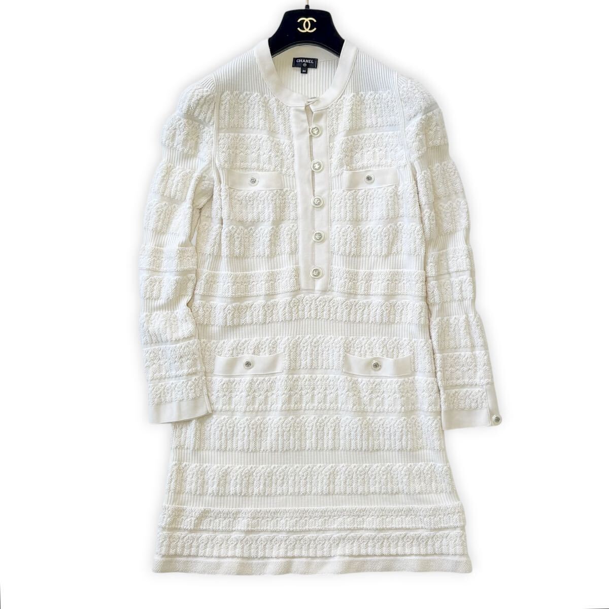 CHANEL ココボタン パイルワンピース 34 コットン シャネル ホワイト 長袖