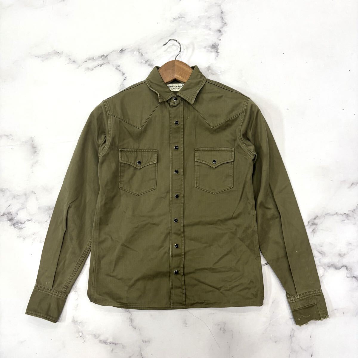 AC ■ 20SS '日本製' ラグジュアリーウェア SAINT LAURENT PARIS イヴサンローラン 長袖 COTTON ウエスタンシャツ XS 高級紳士服 トップス_画像1