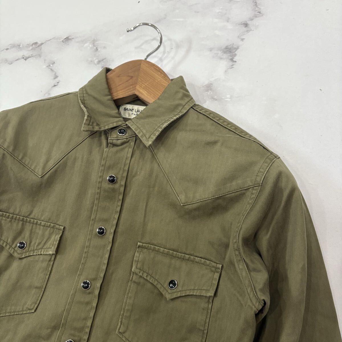 AC ■ 20SS '日本製' ラグジュアリーウェア SAINT LAURENT PARIS イヴサンローラン 長袖 COTTON ウエスタンシャツ XS 高級紳士服 トップス_画像2