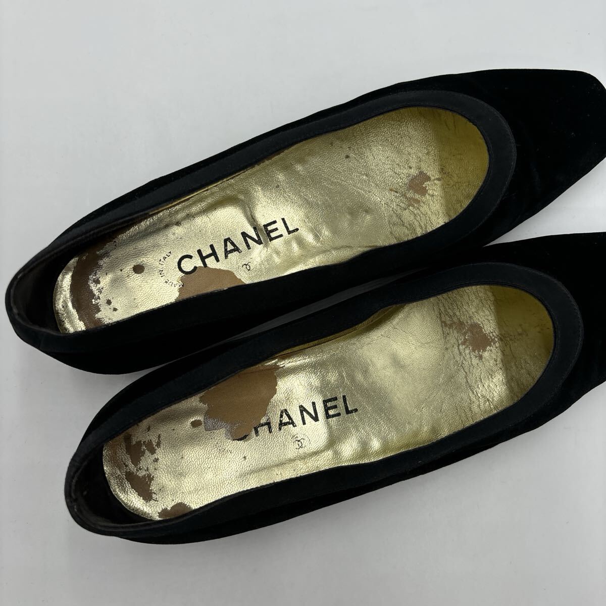 F ＊ イタリア製 '高級婦人靴' CHANEL シャネル 別珍 ベロア フラット パンプス EU38 24cm レディース 婦人靴 シューズ BLACK_画像6