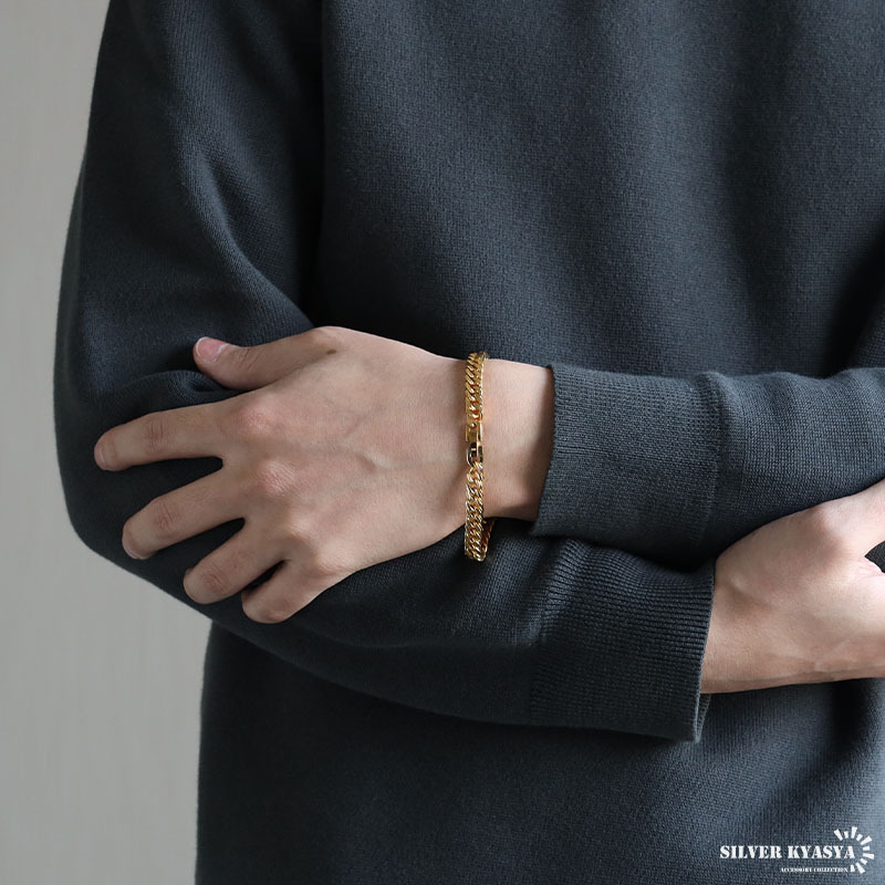 ステンレス製 ダブル喜平ブレスレット ゴールド 18KGP 幅6mm マイアミチェーン 喜平チェーンブレスレット 細身 金アレ対応_画像7