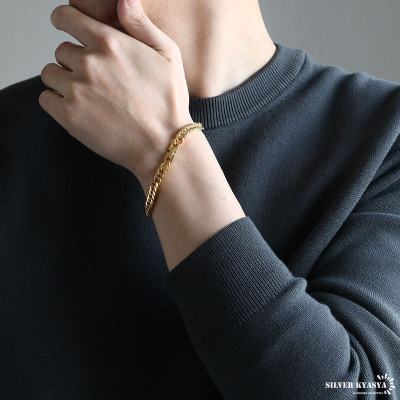 ステンレス製 ダブル喜平ブレスレット ゴールド 18KGP 幅6mm マイアミチェーン 喜平チェーンブレスレット 細身 金アレ対応_画像8