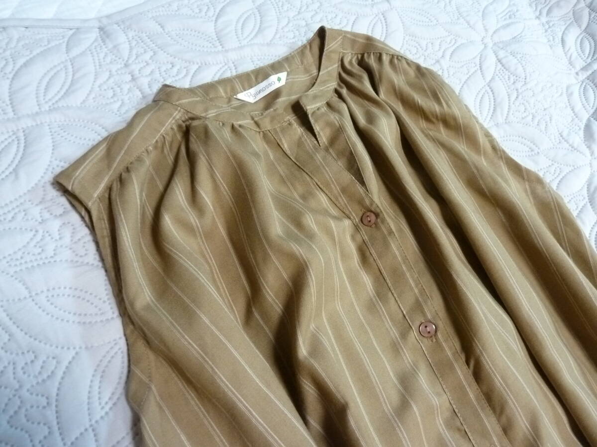 春夏 1回着用 美品 Pyumosso ベージュ ホワイト ストライプ ポリレーヨン ブラウス マキシ丈 ワンピース M L LL レタパ600円発送 同梱OK_画像2