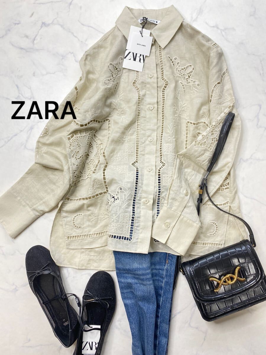 ZARA ザラ★タグ付き未使用★秋 大人素敵★高見え カットワーク エンブロイダリー刺繍シャツ ブラウス★エクリュXSサイズ 928_画像1