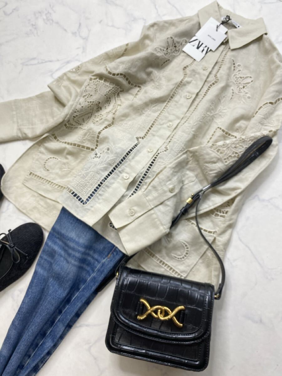 ZARA ザラ★タグ付き未使用★秋 大人素敵★高見え カットワーク エンブロイダリー刺繍シャツ ブラウス★エクリュXSサイズ 928_画像3