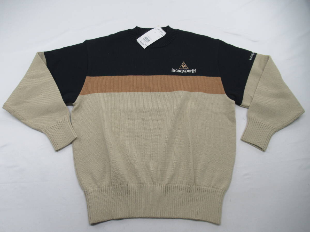 【送900円】1221　タグ付き品　le coq sportif GOLF　ルコックスポルティフゴルフ　リブニットセーター　毛100%　メンズ　黒×ベージュ　S_画像2