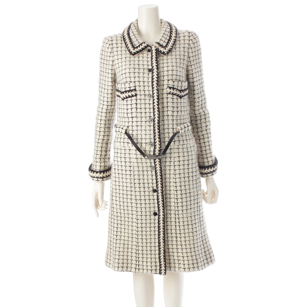 シャネル 00A ココマーク ウール ツイード コート アウター P16301 ホワイト ブラック 42【中古】_画像1