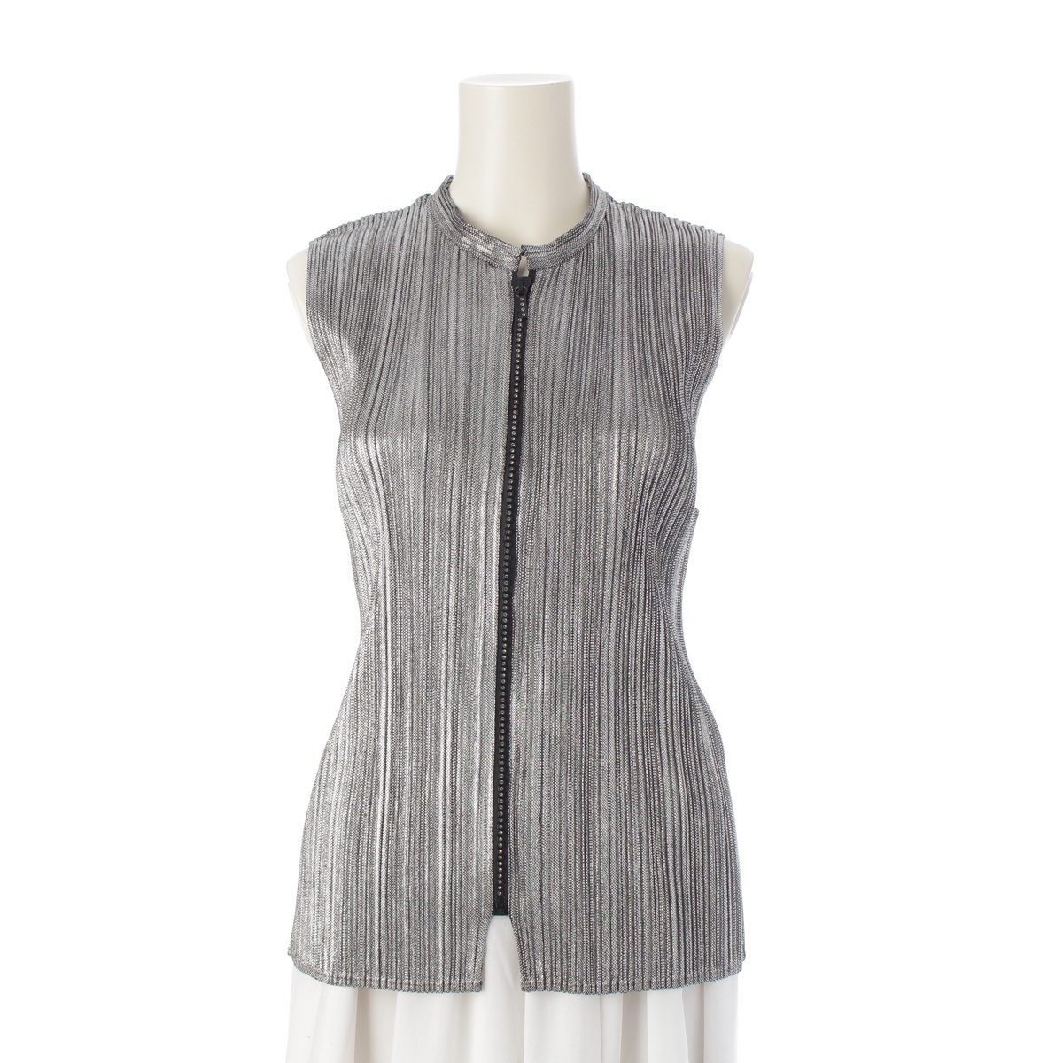 プリーツプリーズ イッセイミヤケ スワロフスキー ジップアップ ベスト PP78JE485 シルバー メタリック 3【中古】