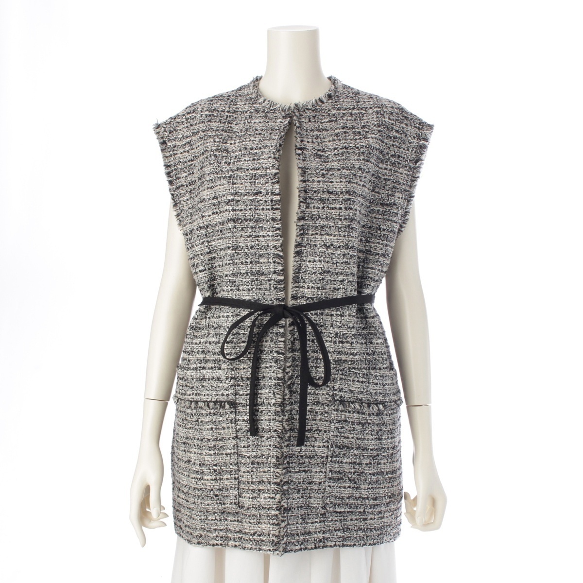 ドゥロワー 23年 PRE1 ツイード ノースリーブ ジャケット 6522-299-0802 ブラック 36【中古】_画像1