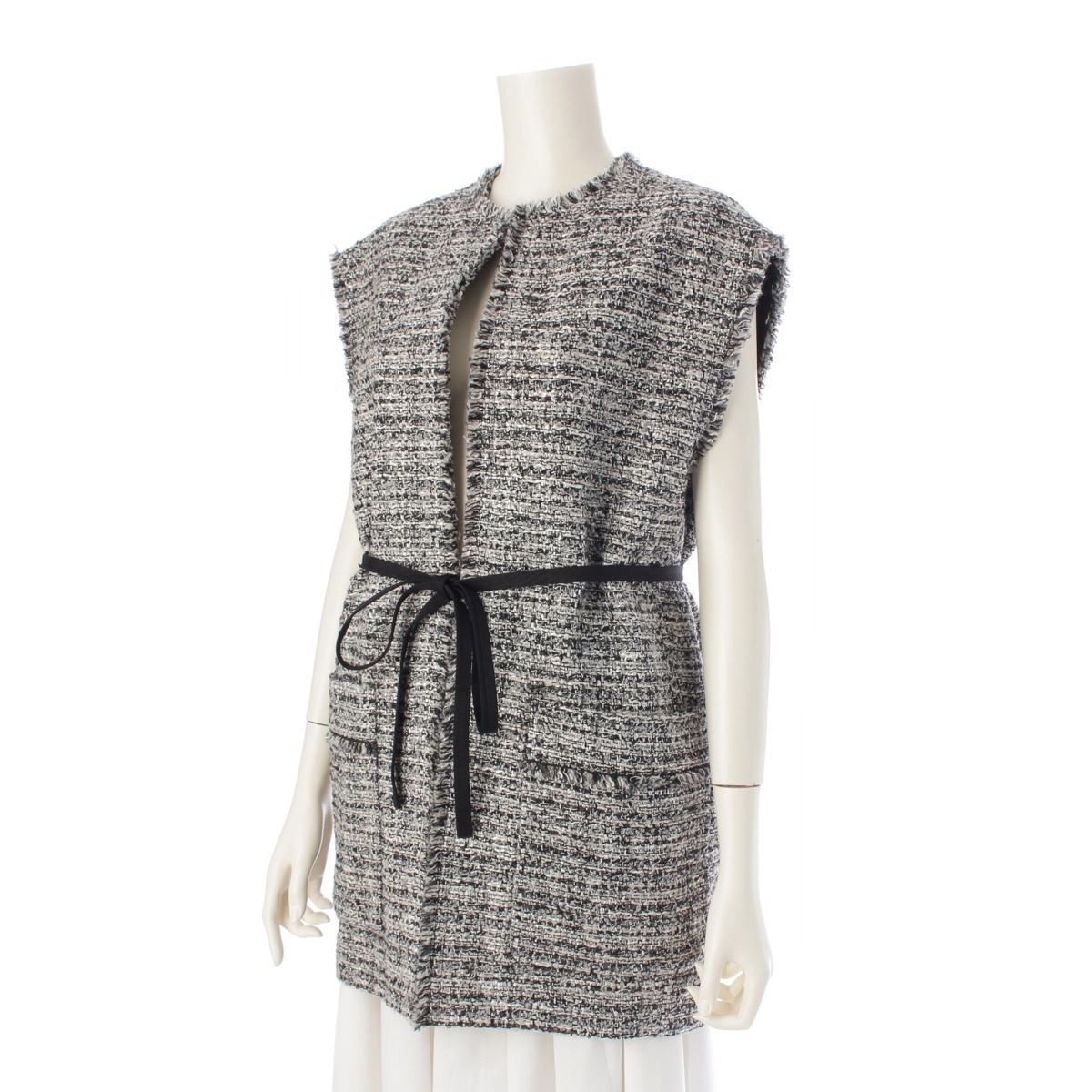 ドゥロワー 23年 PRE1 ツイード ノースリーブ ジャケット 6522-299-0802 ブラック 36【中古】_画像2