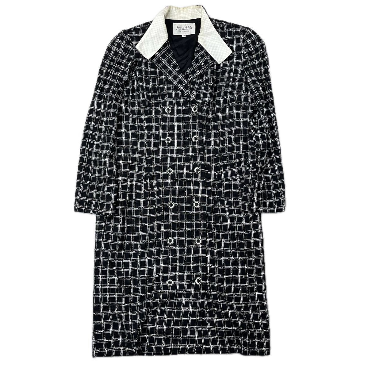 jun ashida ジュンアシダ　ロングコート　ワンピース　レディース　11号　Mサイズ相当　ブラック チェック 総柄 ツイード ウール レーヨン_画像1