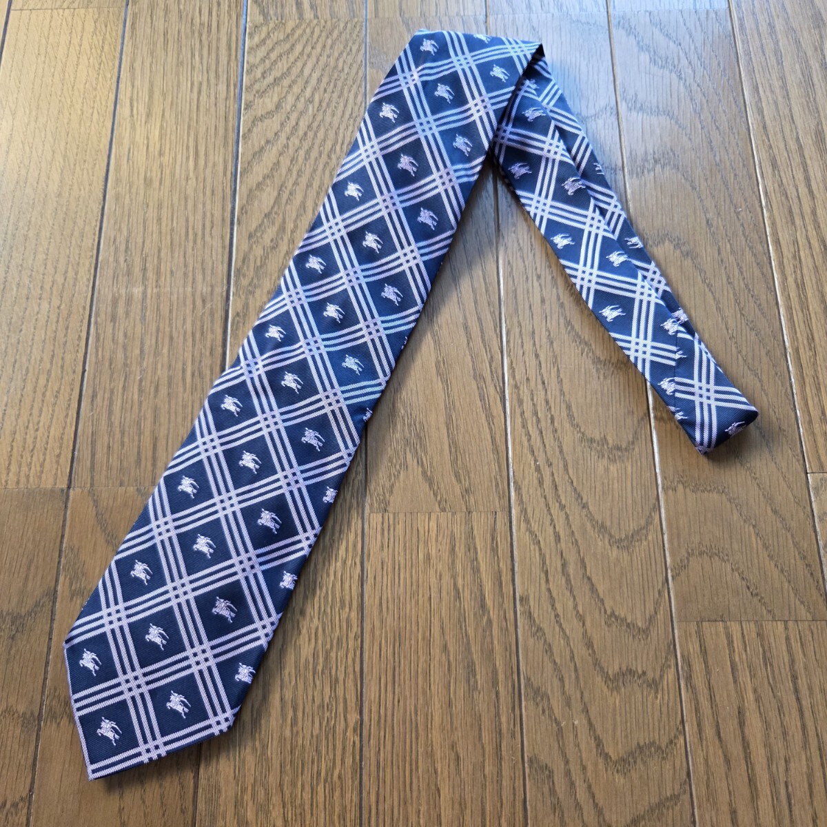 【極美品】 BURBERRY バーバリー ネクタイ チェック ネイビー パープル ホースロゴ