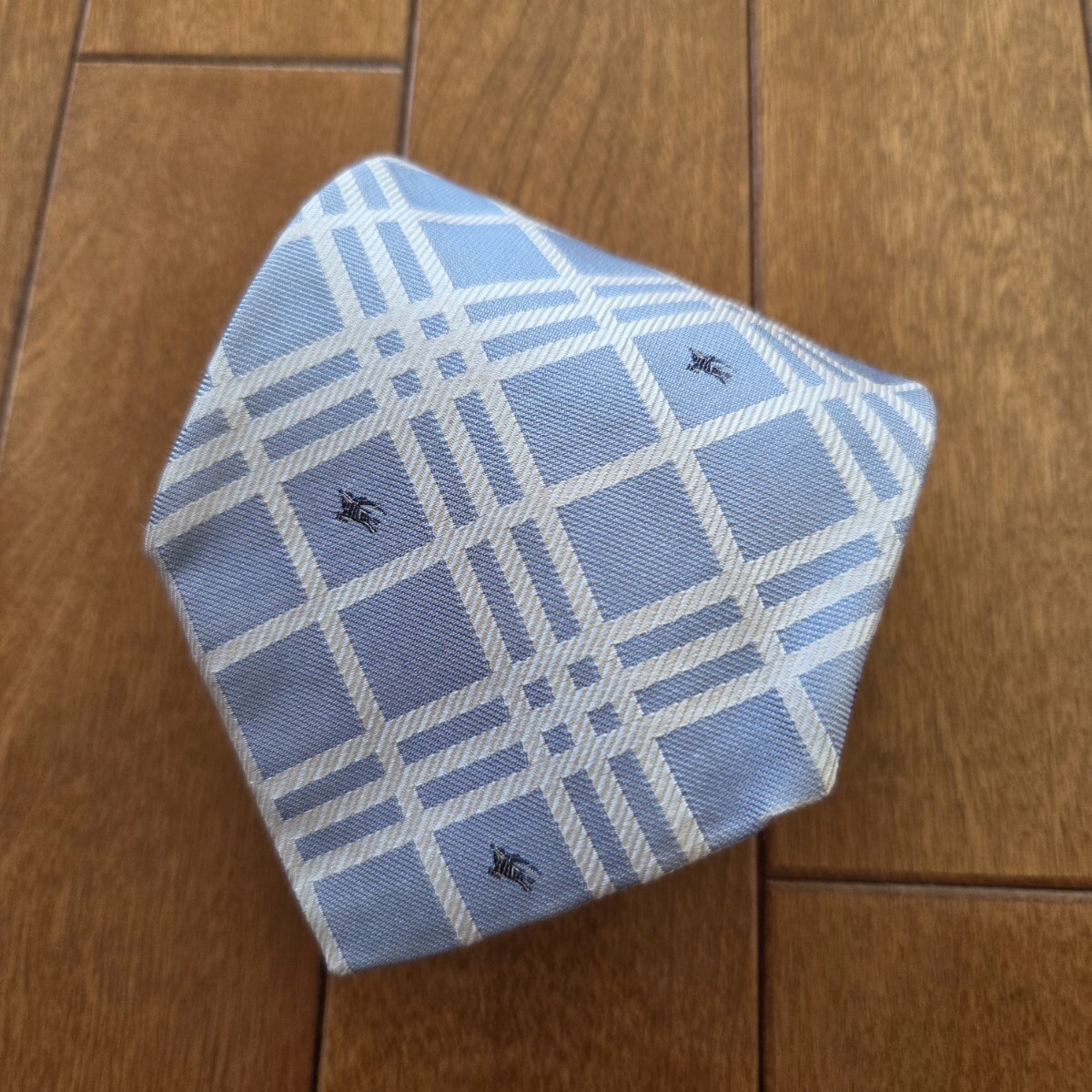 【美品】 BURBERRY LONDON バーバリー ロンドン ネクタイ チェック ブルー シルバー ホースロゴ