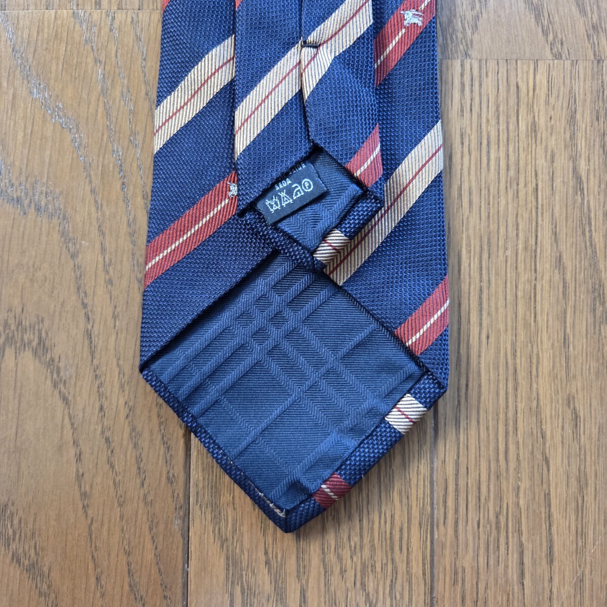 【美品】 BURBERRY LONDON バーバリー ロンドン ネクタイ ストライプ ネイビー ゴールド レッド ホースロゴ
