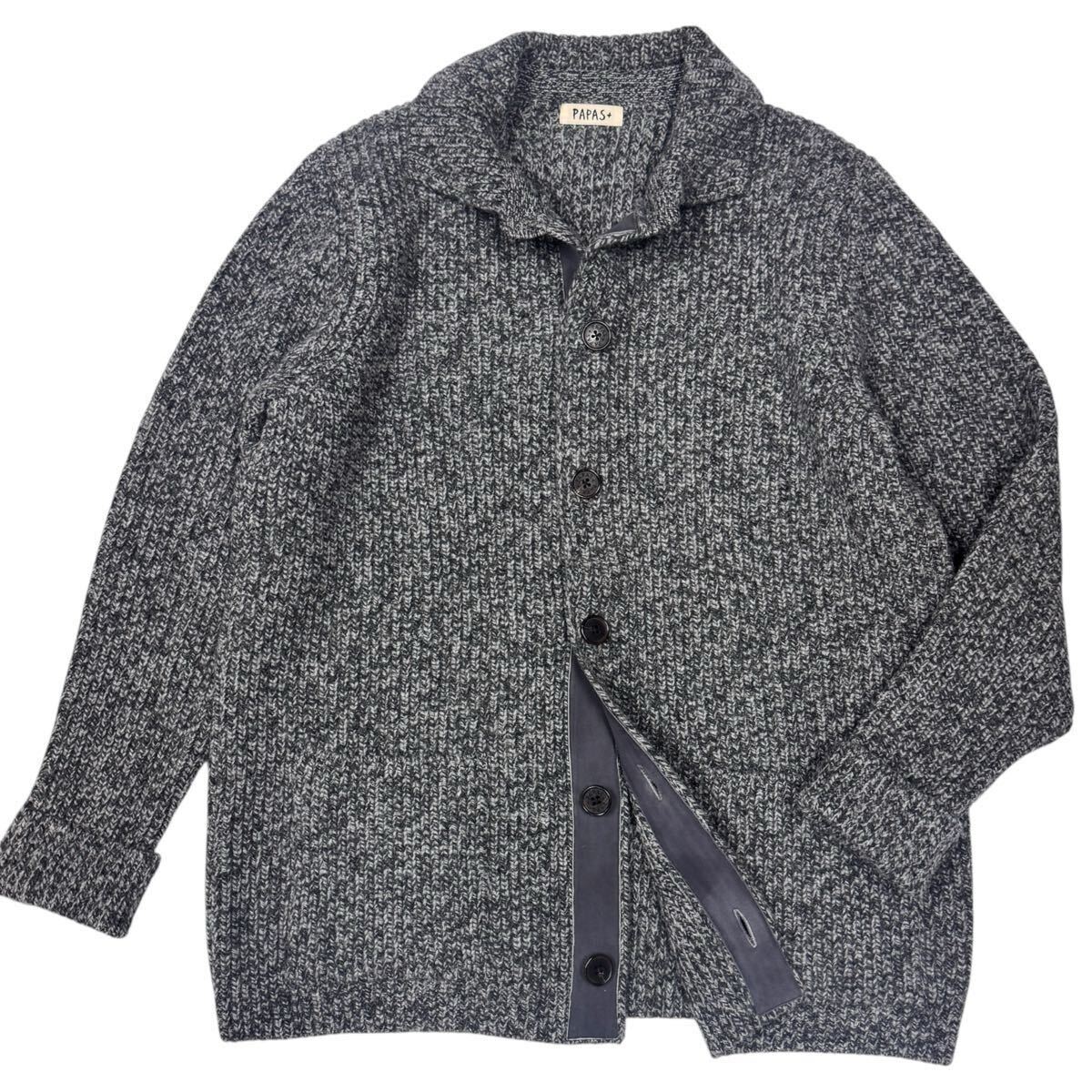 美品 高級 PAPAS パパス ローゲージニットカーディガン ウール 羊革使用 スエードレザー グレー Lサイズ メンズ 紳士服【c2542】_画像1