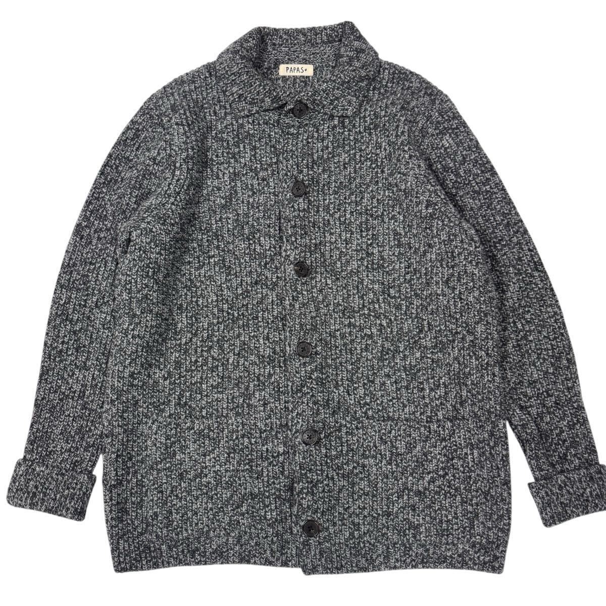 美品 高級 PAPAS パパス ローゲージニットカーディガン ウール 羊革使用 スエードレザー グレー Lサイズ メンズ 紳士服【c2542】_画像2