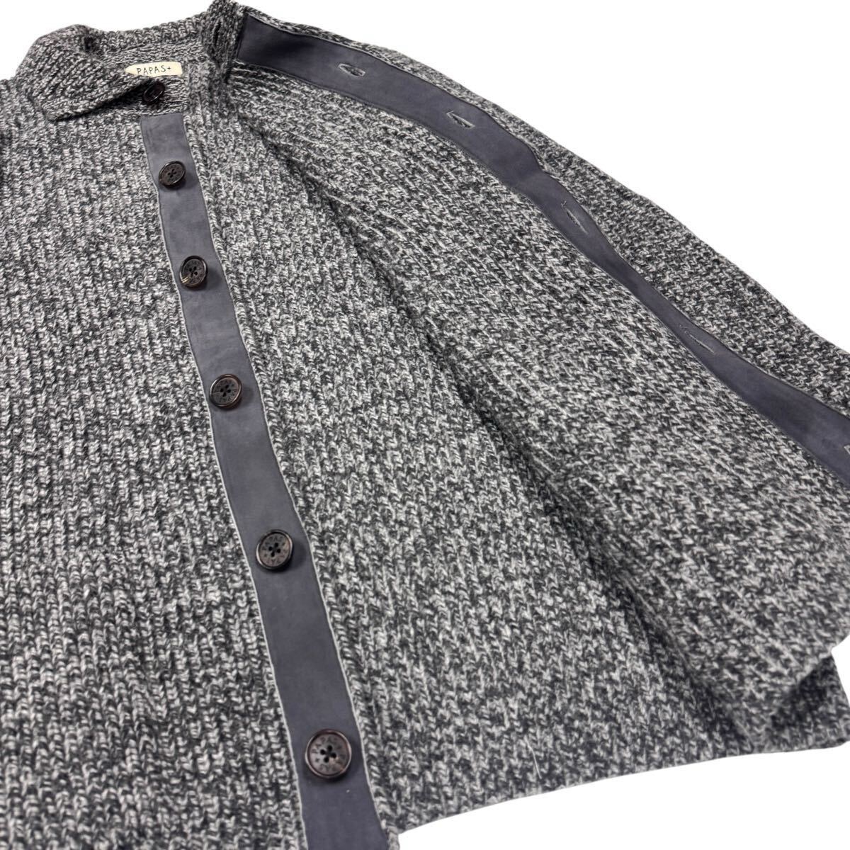 美品 高級 PAPAS パパス ローゲージニットカーディガン ウール 羊革使用 スエードレザー グレー Lサイズ メンズ 紳士服【c2542】_画像4