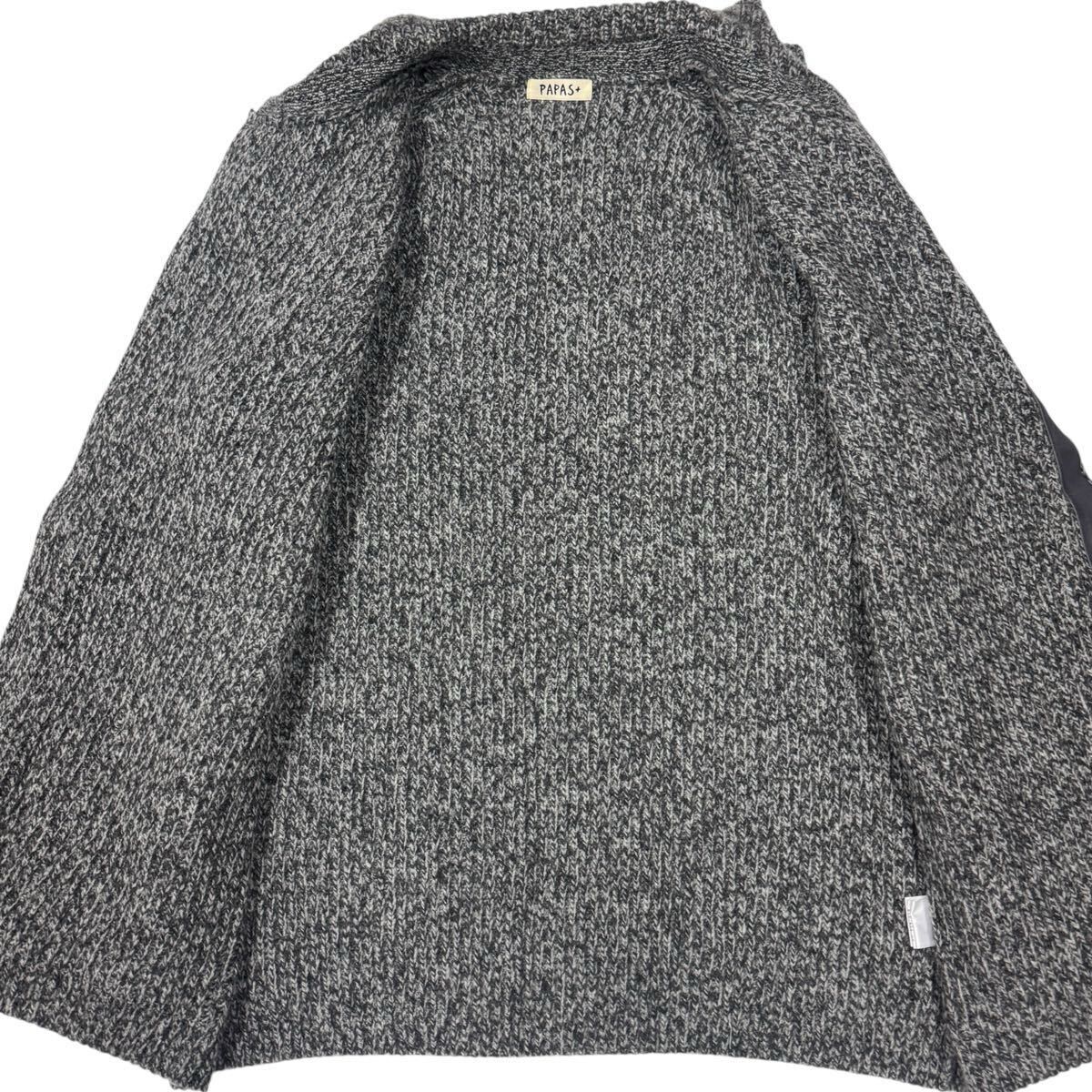 美品 高級 PAPAS パパス ローゲージニットカーディガン ウール 羊革使用 スエードレザー グレー Lサイズ メンズ 紳士服【c2542】_画像6