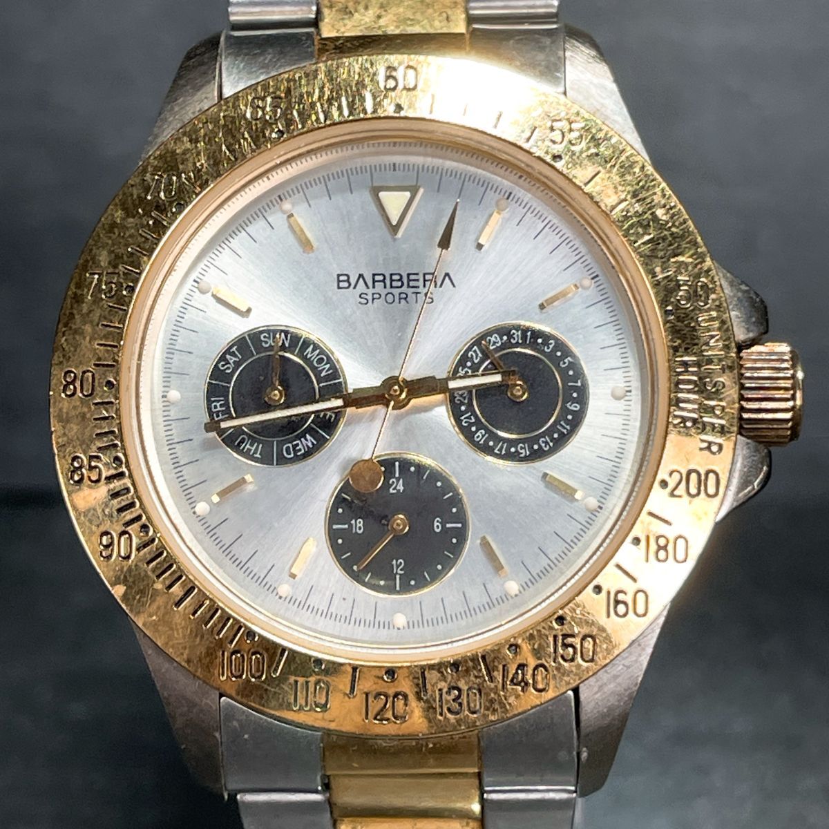 美品 BARBERA 腕時(shí)計(jì) アナログ クオーツ マルチファンクション メタルバンド シルバー ゴールド ラウンド 新品電池交換済み 動(dòng)作確認(rèn)済み