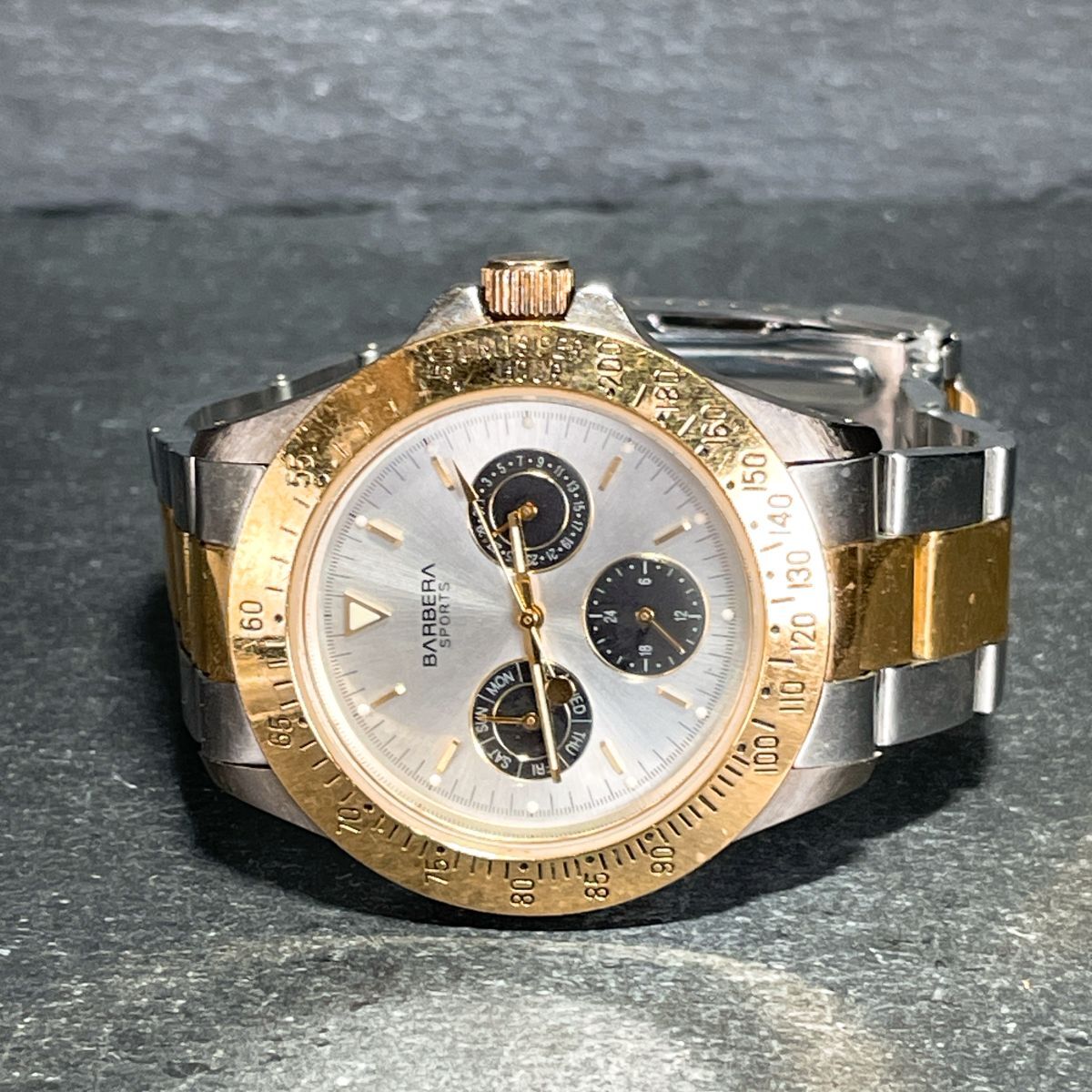 美品 BARBERA 腕時(shí)計(jì) アナログ クオーツ マルチファンクション メタルバンド シルバー ゴールド ラウンド 新品電池交換済み 動(dòng)作確認(rèn)済み