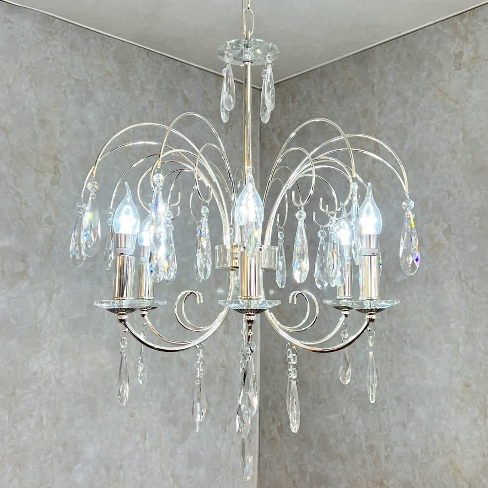 【LED付き！】引掛けシーリング対応 LED 6燈 クリスタル スワロフスキー風(fēng) シャンデリア シルバータイプ 調(diào)光対応 直徑55cm 高さ調(diào)整可