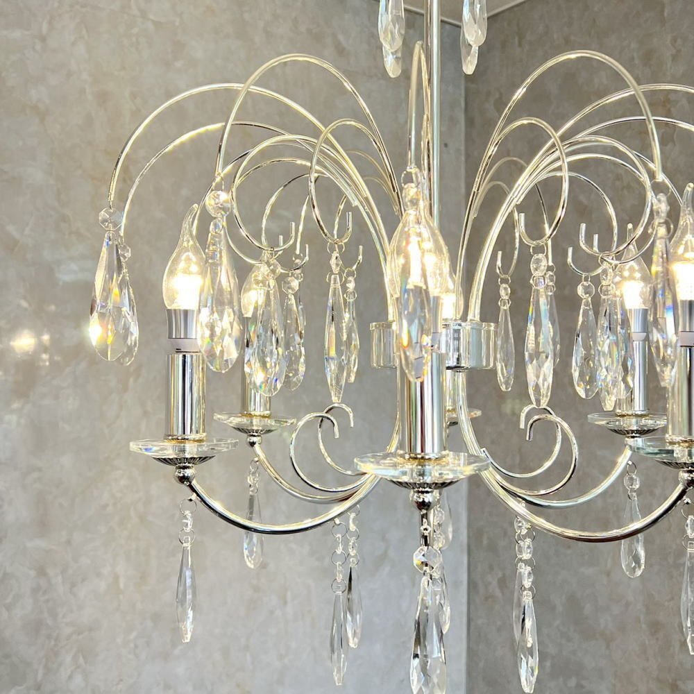 【LED付き！】引掛けシーリング対応 LED 6燈 クリスタル スワロフスキー風(fēng) シャンデリア シルバータイプ 調(diào)光対応 直徑55cm 高さ調(diào)整可