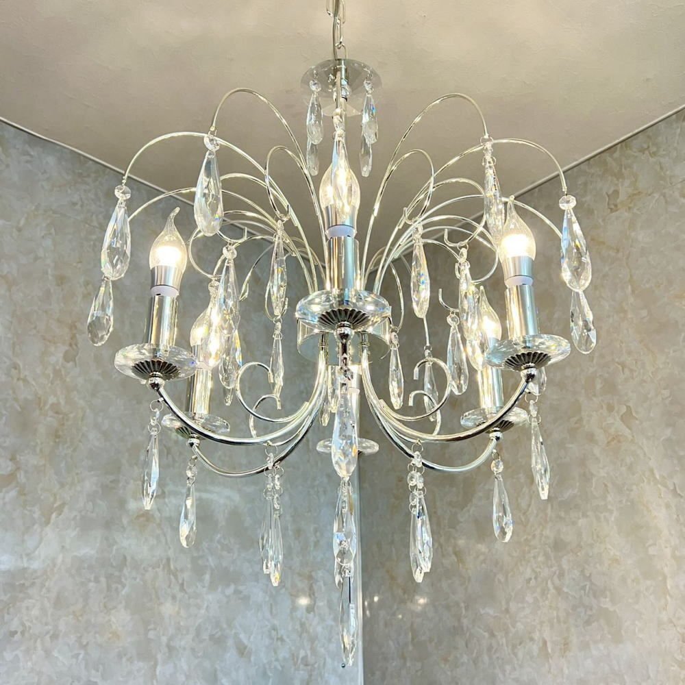 【LED付き！】引掛けシーリング対応 LED 6燈 クリスタル スワロフスキー風(fēng) シャンデリア シルバータイプ 調(diào)光対応 直徑55cm 高さ調(diào)整可