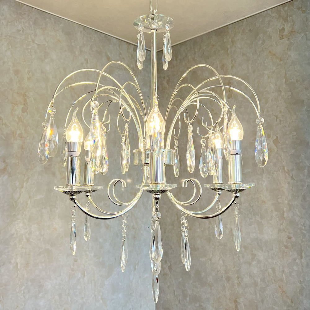 【LED付き！】引掛けシーリング対応 LED 6燈 クリスタル スワロフスキー風(fēng) シャンデリア シルバータイプ 調(diào)光対応 直徑55cm 高さ調(diào)整可