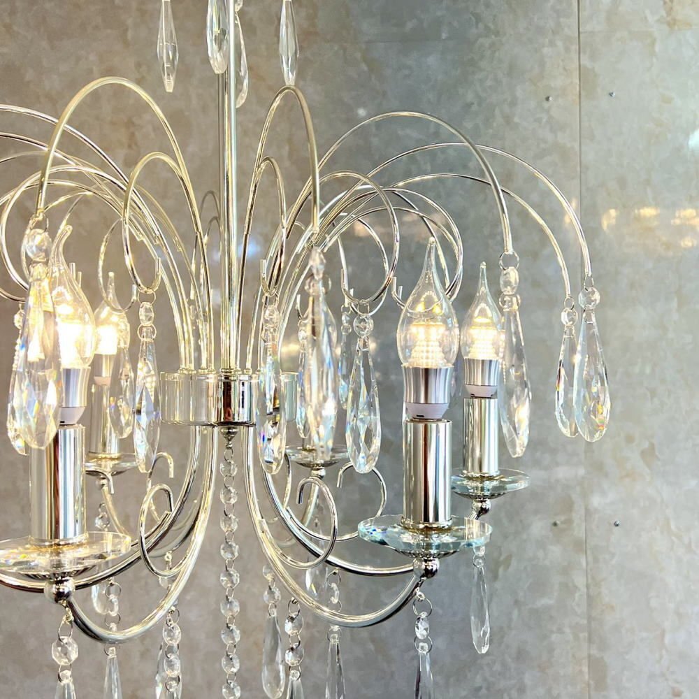 【LED付き！】引掛けシーリング対応 LED 6燈 クリスタル スワロフスキー風(fēng) シャンデリア シルバータイプ 調(diào)光対応 直徑55cm 高さ調(diào)整可