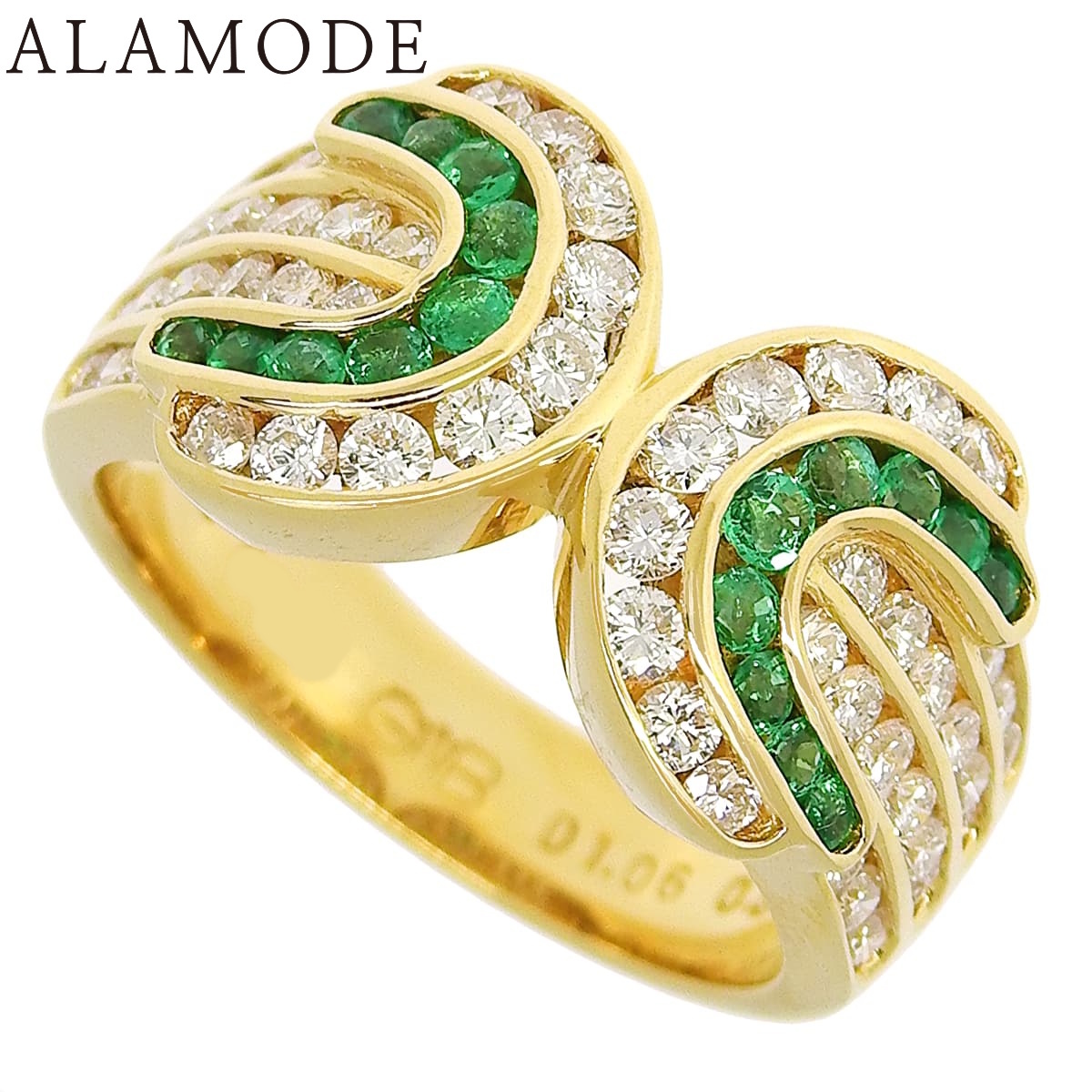 E0.37/D1.06 ダイヤモンド エメラルド リング K18 イエローゴールド YG 指輪 ジュエリー 11.5(51.5)号 金 緑 40802147778【アラモード】_画像1