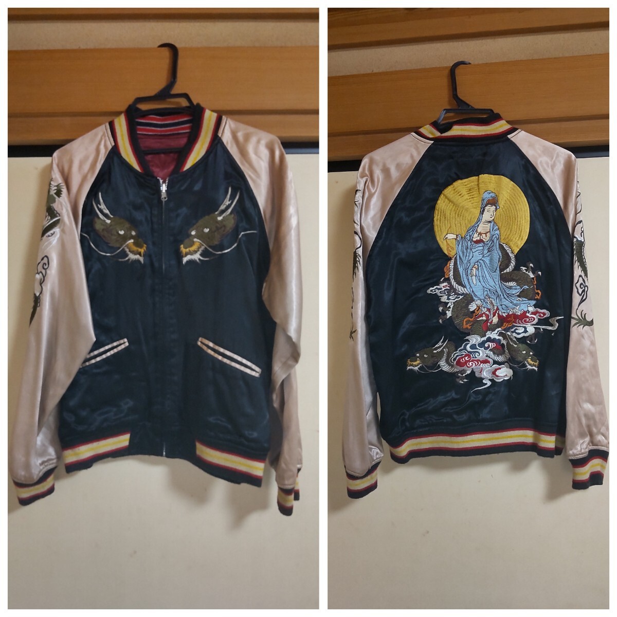 入手困難モデル ヒューストン スカジャン HOUSTON レーヨン スーベニアジャケット サテン 黒M 菩薩 観音龍 刺繍 ブルゾン マップ