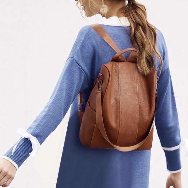 ブラウン レザー調 3way 大容量リュック 軽量 背面ファスナー 防犯 A4収納 通勤 通学 旅行 合皮ブラウンリュック 3way_画像2