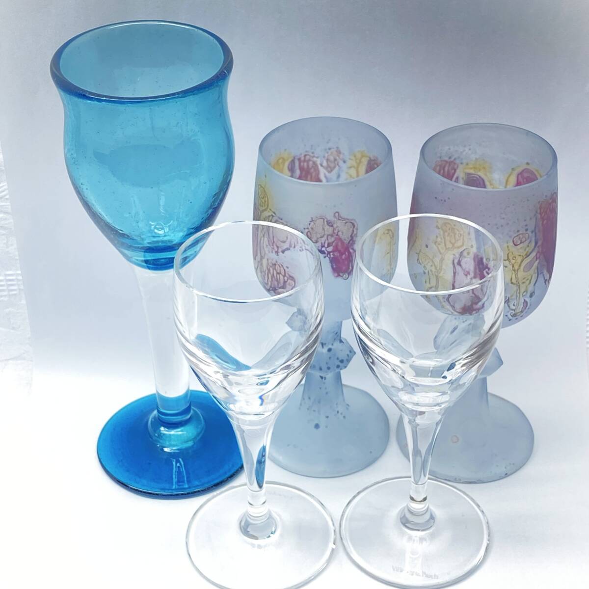 ビンテージ Rueven ルーベンガラス Villeroy&Boch ビレロイ&ボッホ ワイングラス ペア 5点セット 青 脚付冷酒杯 まとめて_画像9