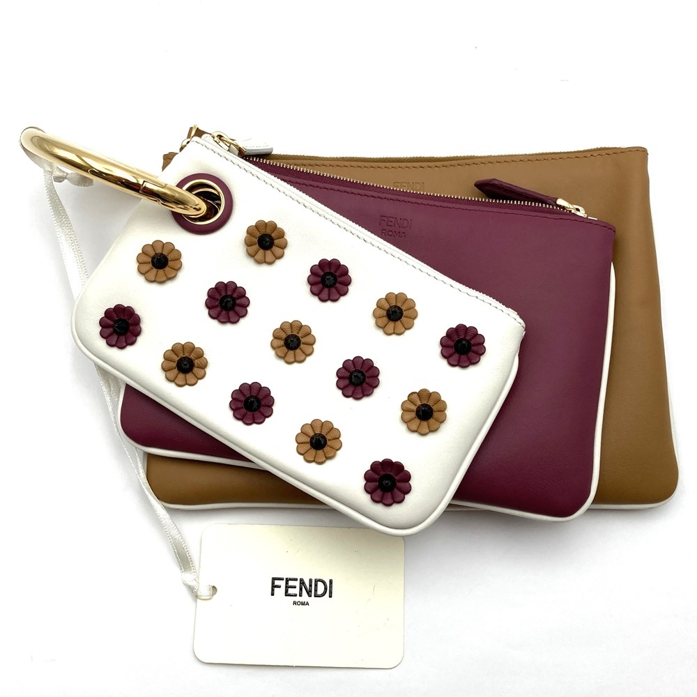 FENDI フェンディ トリプレット 8BS001A1FS ３連ポーチ クラッチバッグ レザー フラワー ホワイト/レッド/ブラウン レディース_画像1