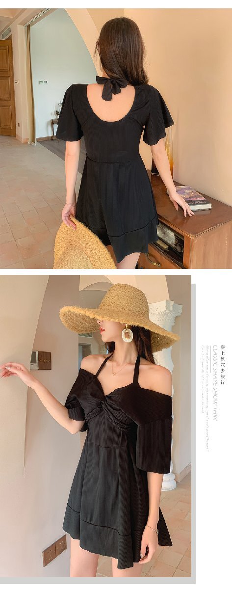 レディース水著 ワンピース水著 フリルスカート 背中見せ 袖あり 半袖水著 かわいい 無地 カジュアル L グリーン