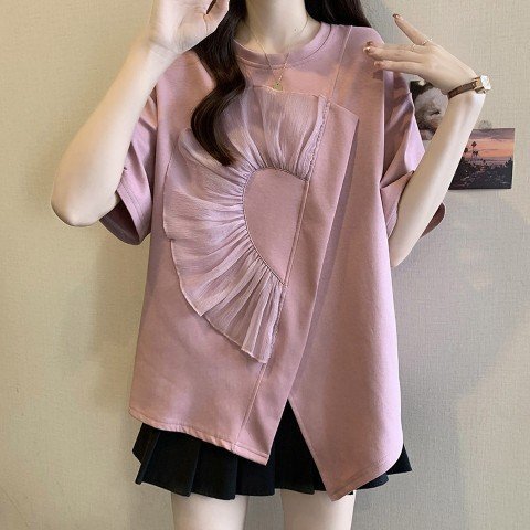 トップス Tシャツ 半袖 カジュアル アシンメトリー 個性派 かわいい レディース 4XL ピンク