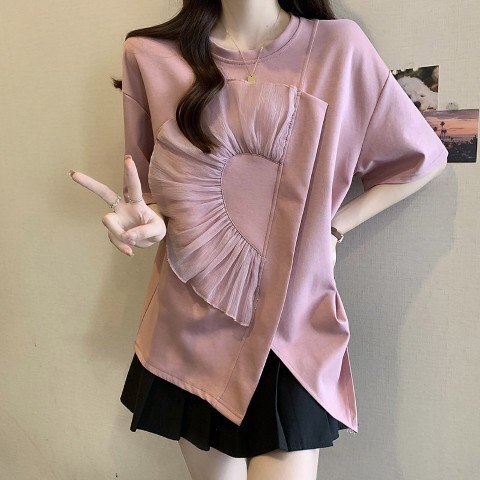 トップス Tシャツ 半袖 カジュアル アシンメトリー 個性派 かわいい レディース 4XL ピンク