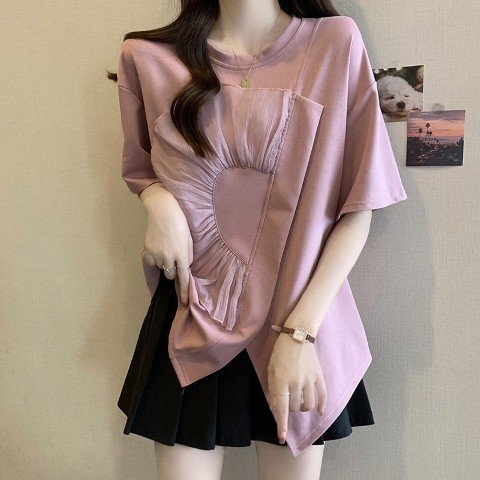 トップス Tシャツ 半袖 カジュアル アシンメトリー 個性派 かわいい レディース 4XL ピンク