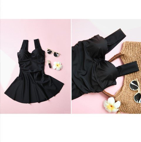 レディース水著 スカート水著 ワンピース水著 背中見せ シンプル カジュアル 大人水著 L ブラック