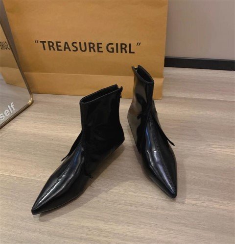 ローファー ソフトスキン ポインテッドトゥ ショートブーツ 【38】24cm ブラック