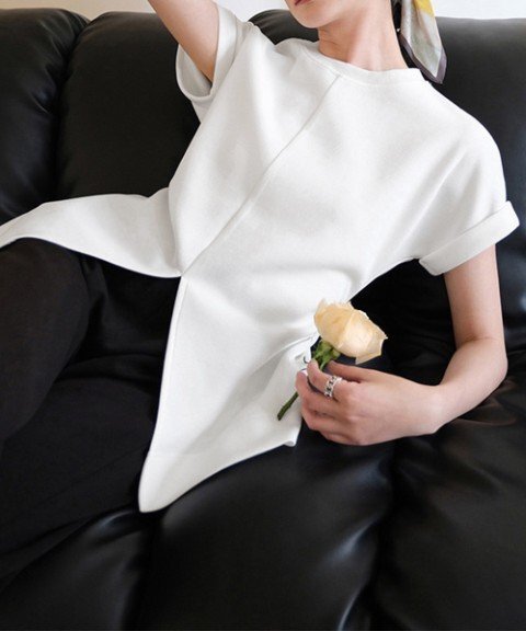 トップス Tシャツ 半袖 フロントスリット クルーネックTシャツ 無地 ロングTシャツ カジュアル L ホワイト