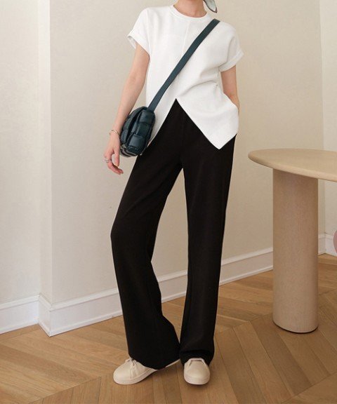 トップス Tシャツ 半袖 フロントスリット クルーネックTシャツ 無地 ロングTシャツ カジュアル L ホワイト