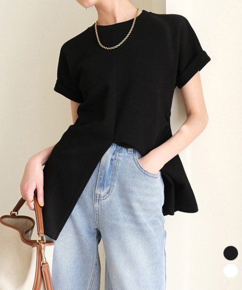 トップス Tシャツ 半袖 フロントスリット クルーネックTシャツ 無地 ロングTシャツ カジュアル L ホワイト