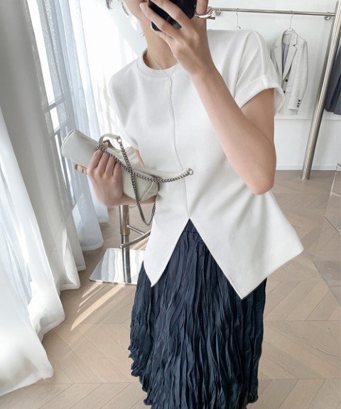 トップス Tシャツ 半袖 フロントスリット クルーネックTシャツ 無地 ロングTシャツ カジュアル L ホワイト