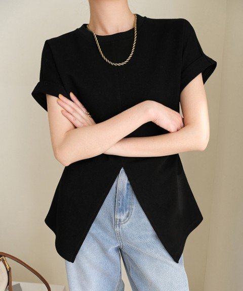 トップス Tシャツ 半袖 フロントスリット クルーネックTシャツ 無地 ロングTシャツ カジュアル L ホワイト