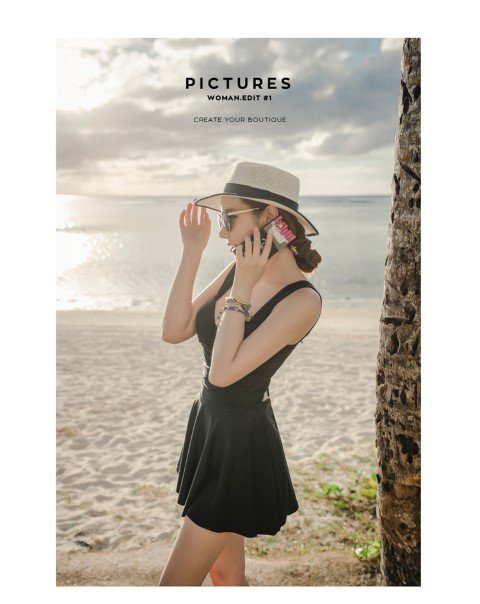 レディース水著 スカート水著 ワンピース水著 背中見せ シンプル カジュアル 大人水著 L ブラック