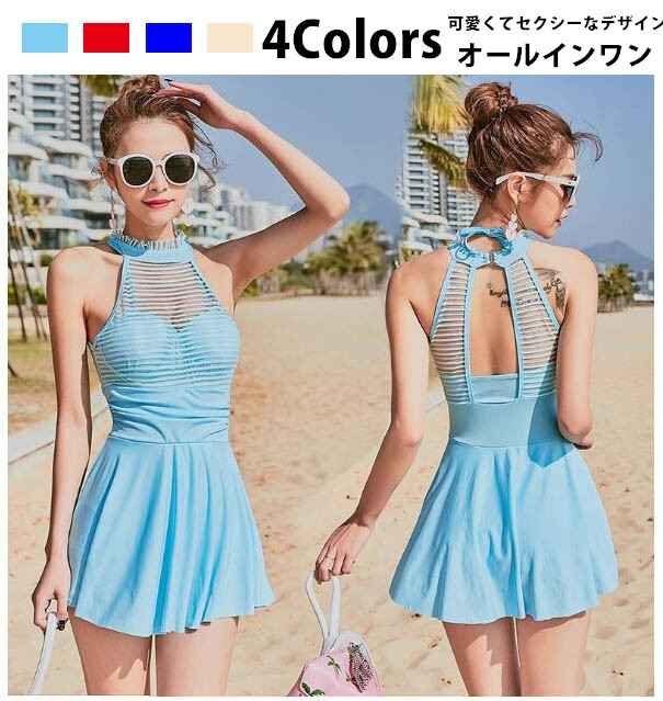 夏レディース オールインワン 水著 オープンバック ワンピース ワイヤー入 體型カバー L ネイビー