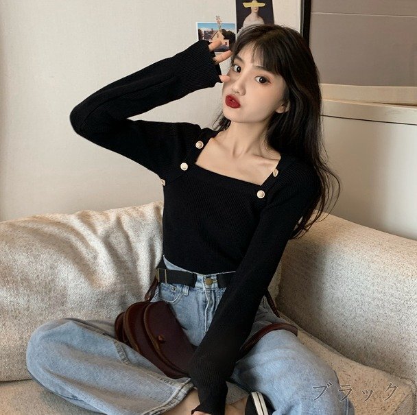 トップス 長(zhǎng)袖 スクエアネック シンプル カジュアル お出かけ レディース フリー ベージュ