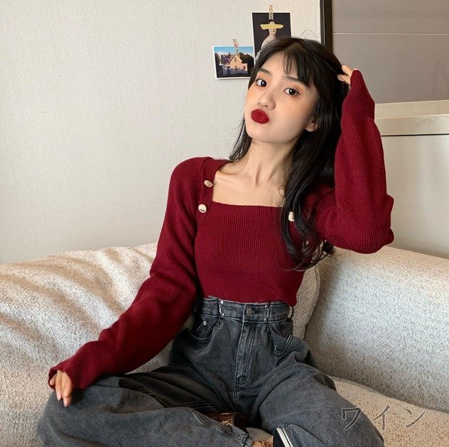 トップス 長(zhǎng)袖 スクエアネック シンプル カジュアル お出かけ レディース フリー ベージュ