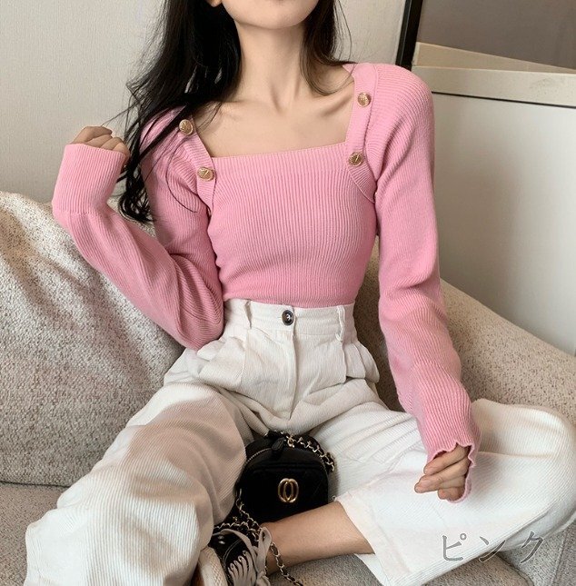 トップス 長(zhǎng)袖 スクエアネック シンプル カジュアル お出かけ レディース フリー ベージュ